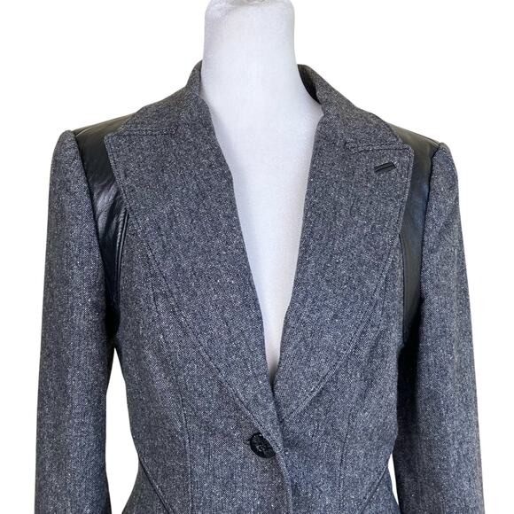 Bebe Sz XS Y2K Wool Silk Blend Tweed Blazer Fitted Feminine Leather Panels Sexy - Picture 3 of 16